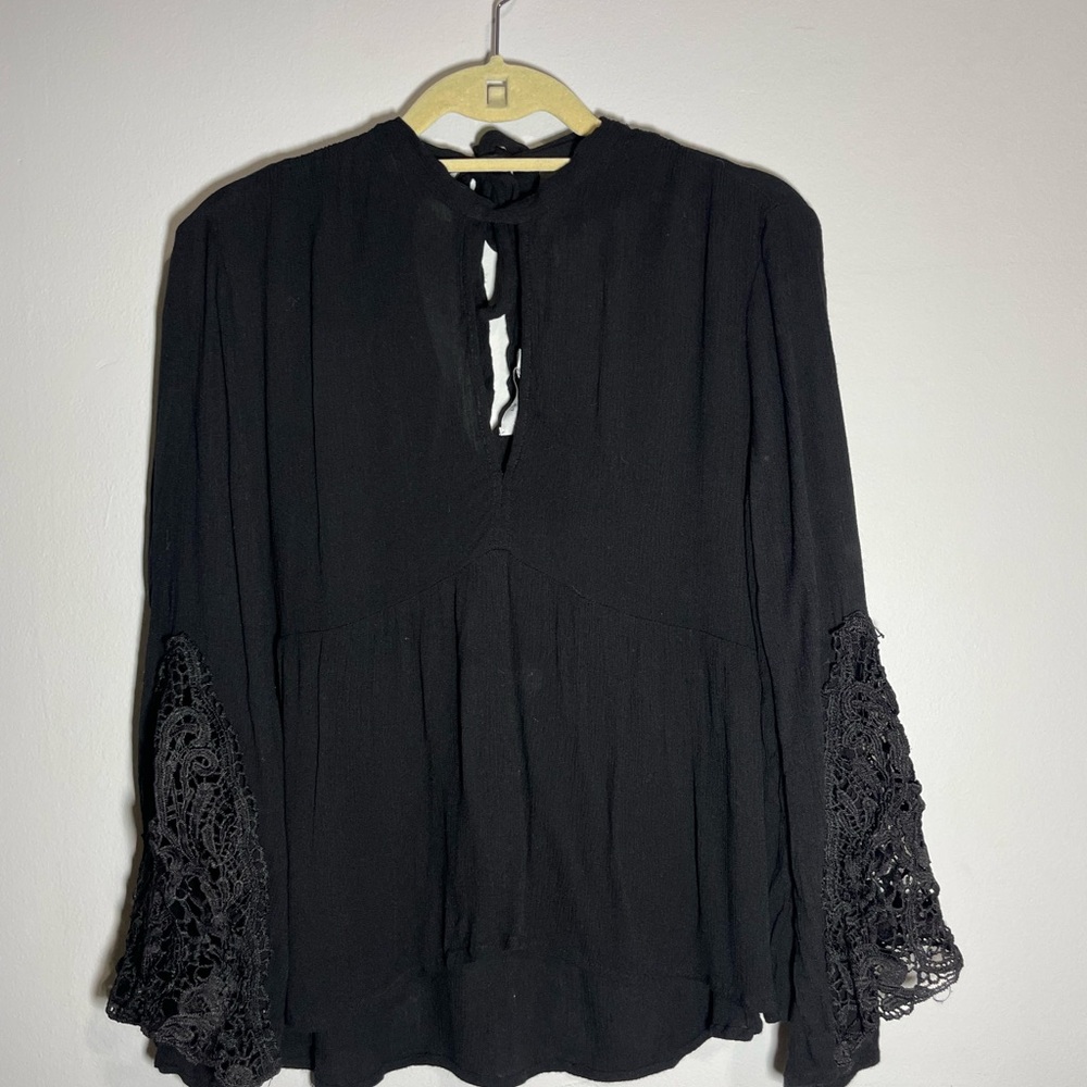Lush Black Blouse with Lace Sleeves